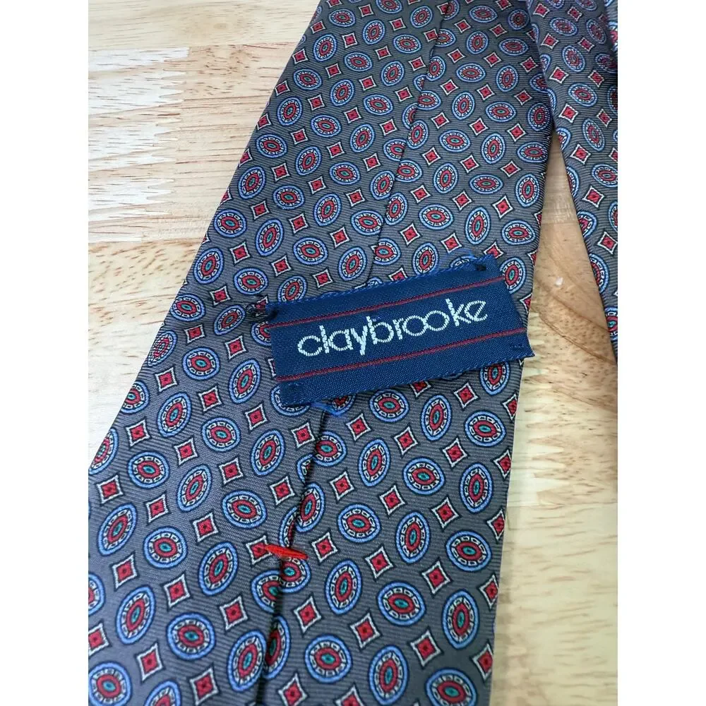 Claybrooke Men's 100% Silk Neck Tie Steel Blue Red Geometric